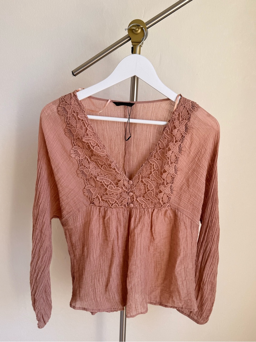 Zara Lace-Trim V-Neck Blouse in Dusty Rose